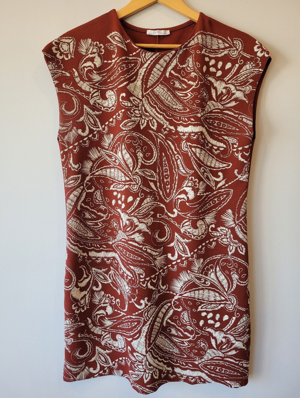 Zara Basic Rust Paisley Cap Sleeve Shift Dress Mini - Size M
